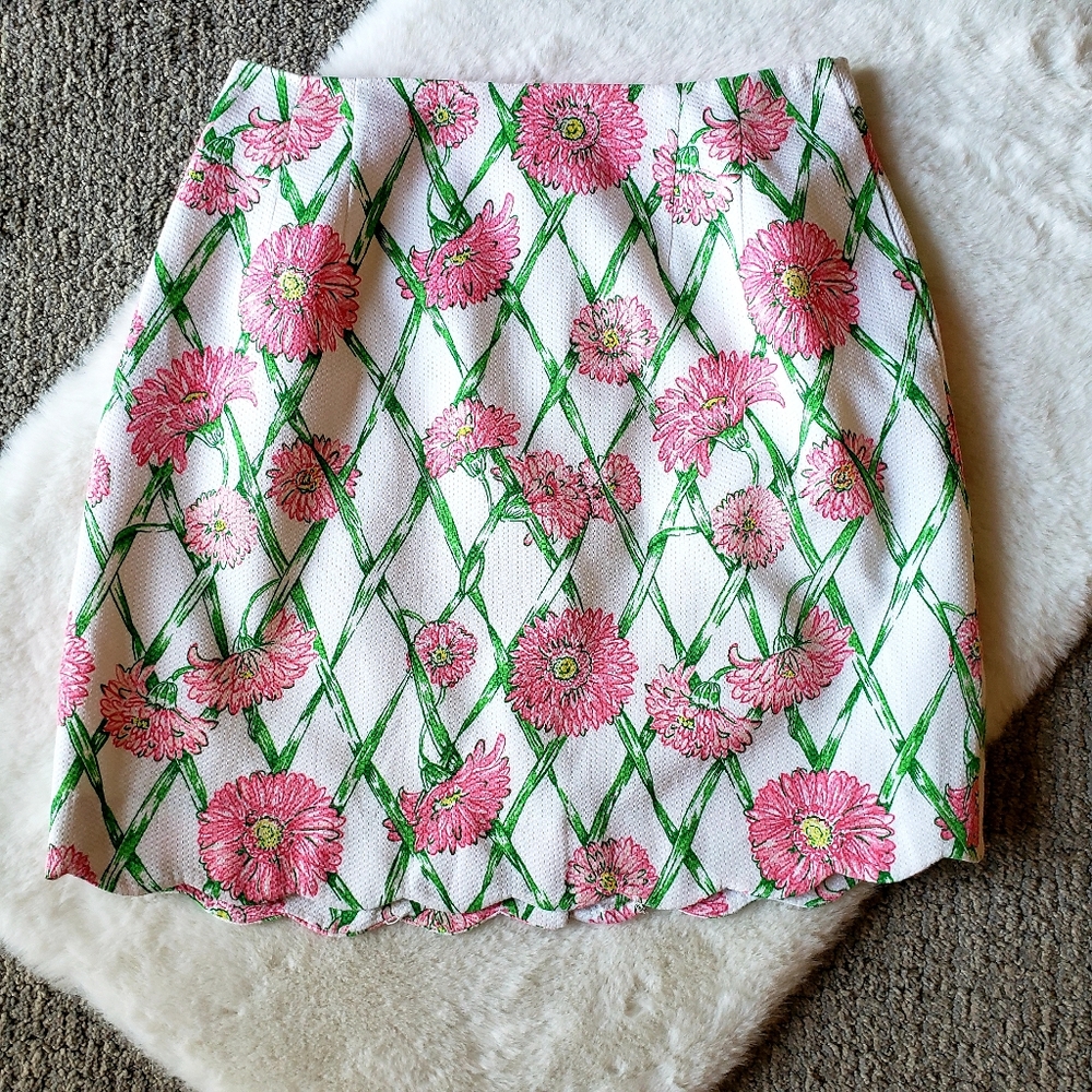 Lilly Pulitzer Vintage 8 White Label Pink Green Floral Pique Scalloped Hem Skirt